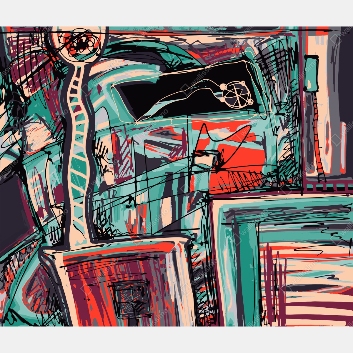 Leinwandbild türkis-korall abstrakte komposition – Wallnifity® Leinwandbild türkis-korall abstrakte komposition – Wallnifity®