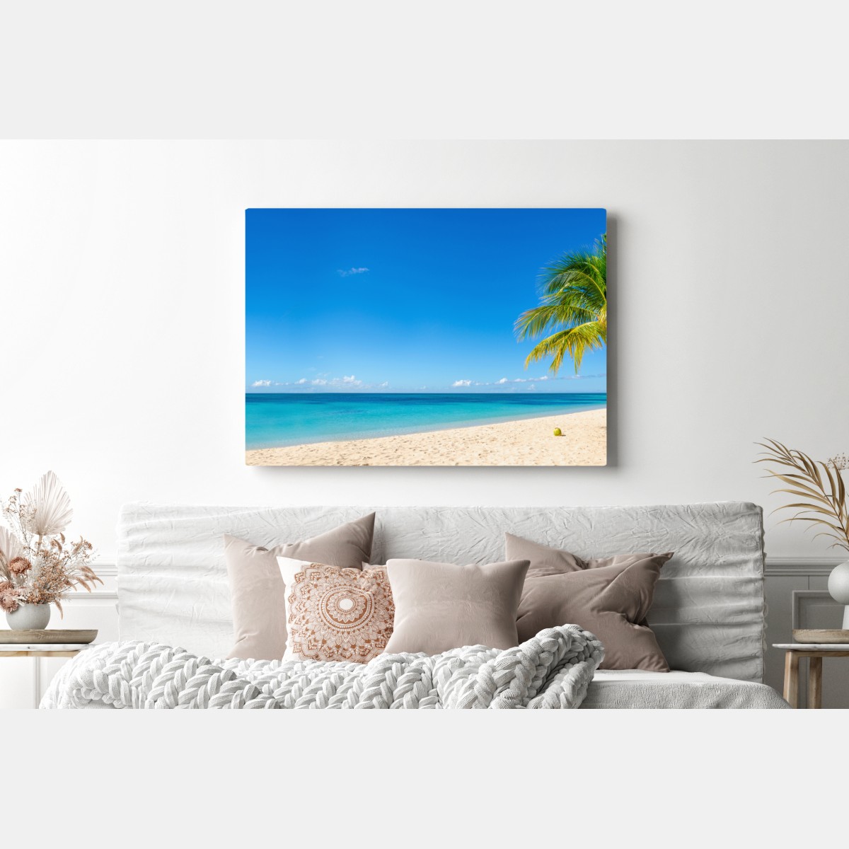 Leinwandbild tropischer strand mit türkiswasser und palme – Wallnifity® Leinwandbild tropischer strand mit türkiswasser und palme – Wallnifity®