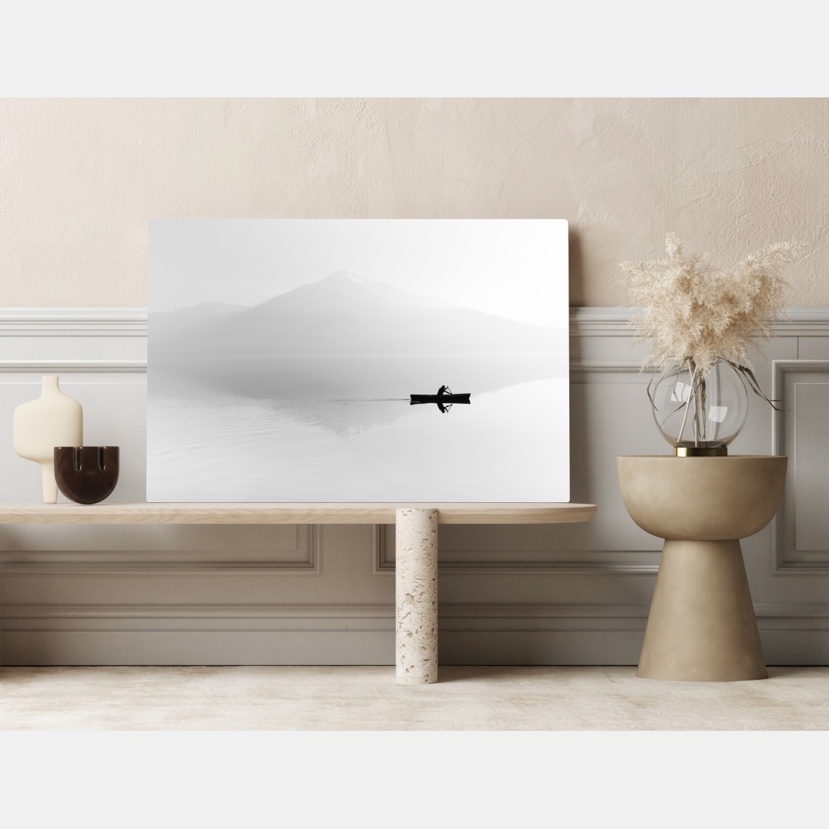 Leinwandbild einsamer ruderer auf einem nebligen see – Wallnifity® Leinwandbild einsamer ruderer auf einem nebligen see – Wallnifity®