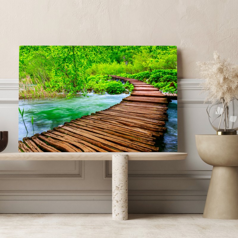 Leinwandbild ruhiger grüner steg über dem fluss – Wallnifity® Leinwandbild ruhiger grüner steg über dem fluss – Wallnifity®