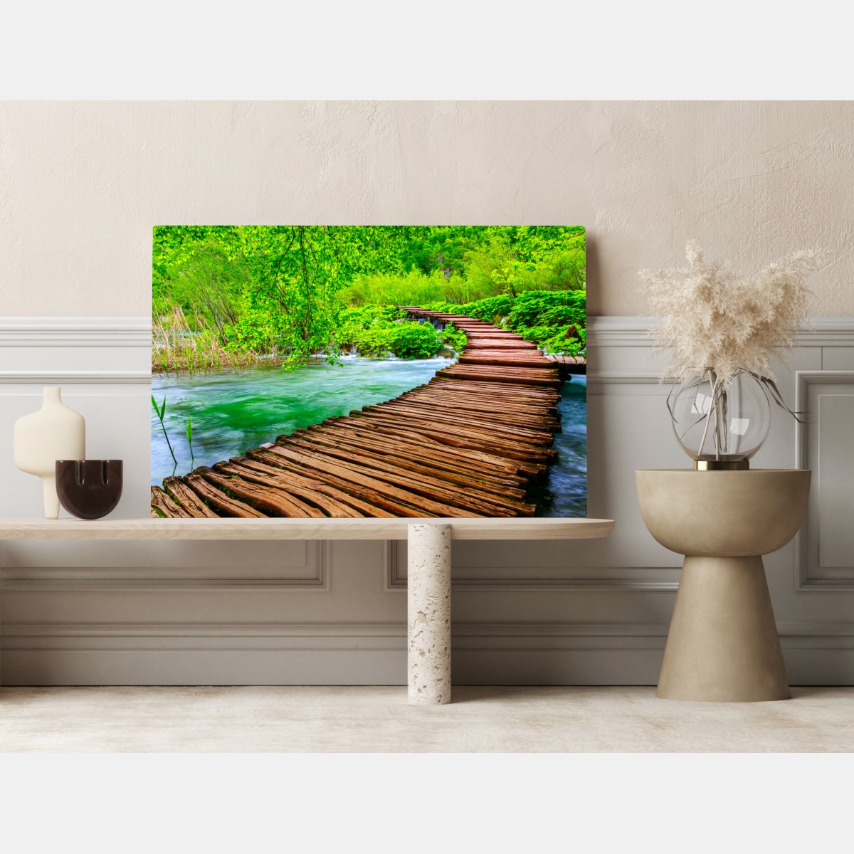 Leinwandbild ruhiger grüner steg über dem fluss – Wallnifity® Leinwandbild ruhiger grüner steg über dem fluss – Wallnifity®