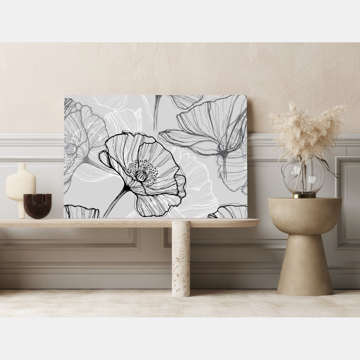 Leinwandbild zarter grauer mohn in linienzeichnung – Wallnifity® Leinwandbild zarter grauer mohn in linienzeichnung – Wallnifity®