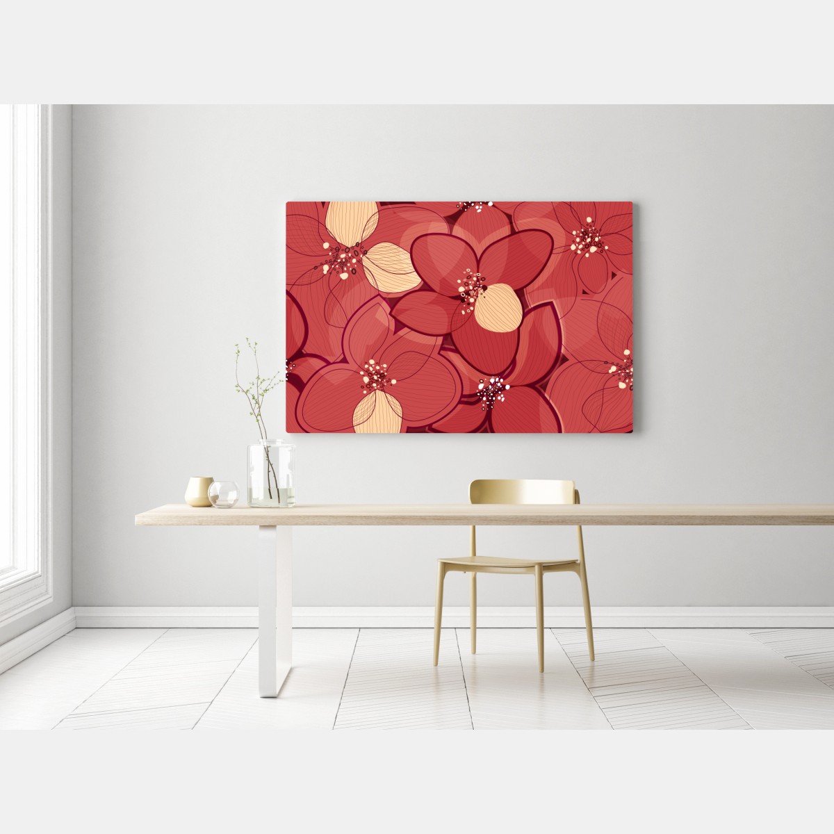 Leinwandbild rotes blumenmuster mit beigen mittelpunkten – Wallnifity® Leinwandbild rotes blumenmuster mit beigen mittelpunkten – Wallnifity®