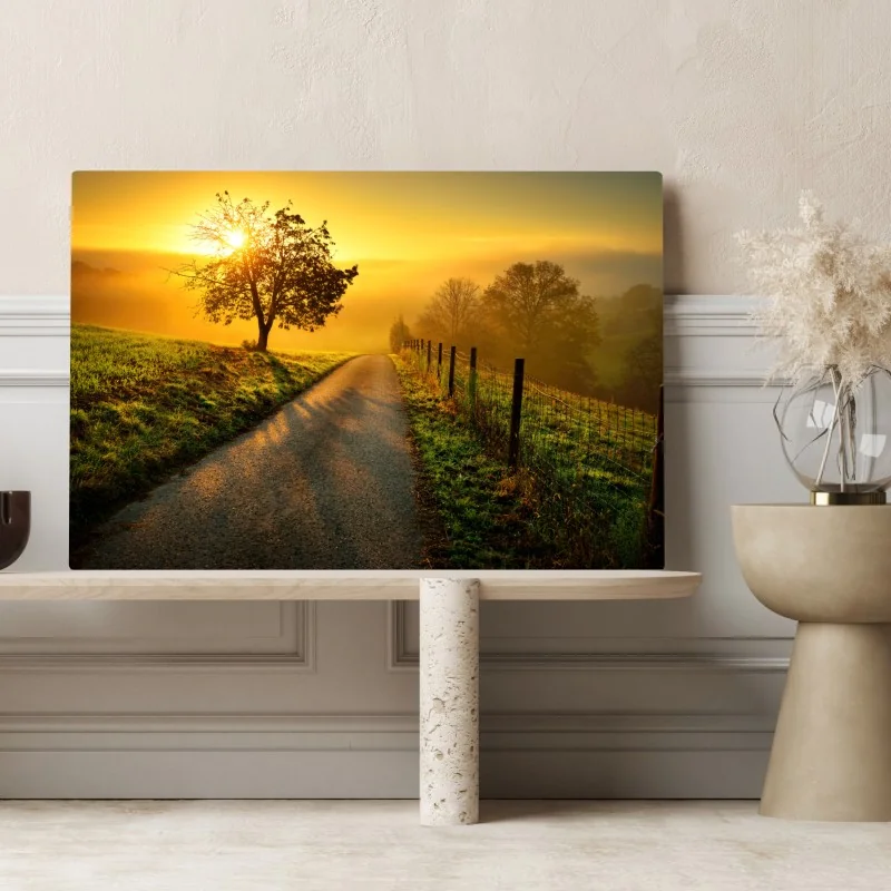 Leinwandbild sonnenbeschienener landweg durch die morgenwiese – Wallnifity® Leinwandbild sonnenbeschienener landweg durch die morgenwiese – Wallnifity®