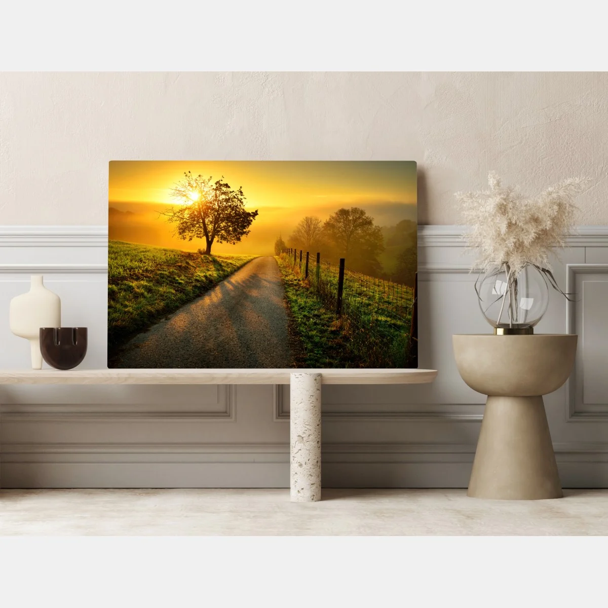 Leinwandbild sonnenbeschienener landweg durch die morgenwiese – Wallnifity® Leinwandbild sonnenbeschienener landweg durch die morgenwiese – Wallnifity®