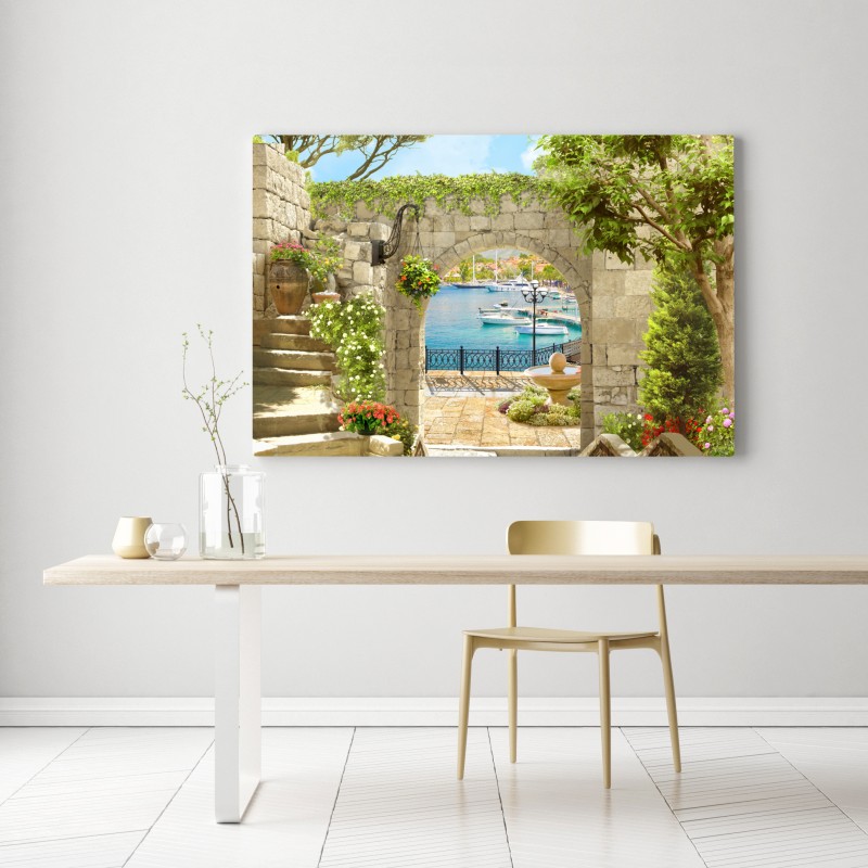 Leinwandbild mediterraner blick durch eine arkade – Wallnifity® Leinwandbild mediterraner blick durch eine arkade – Wallnifity®