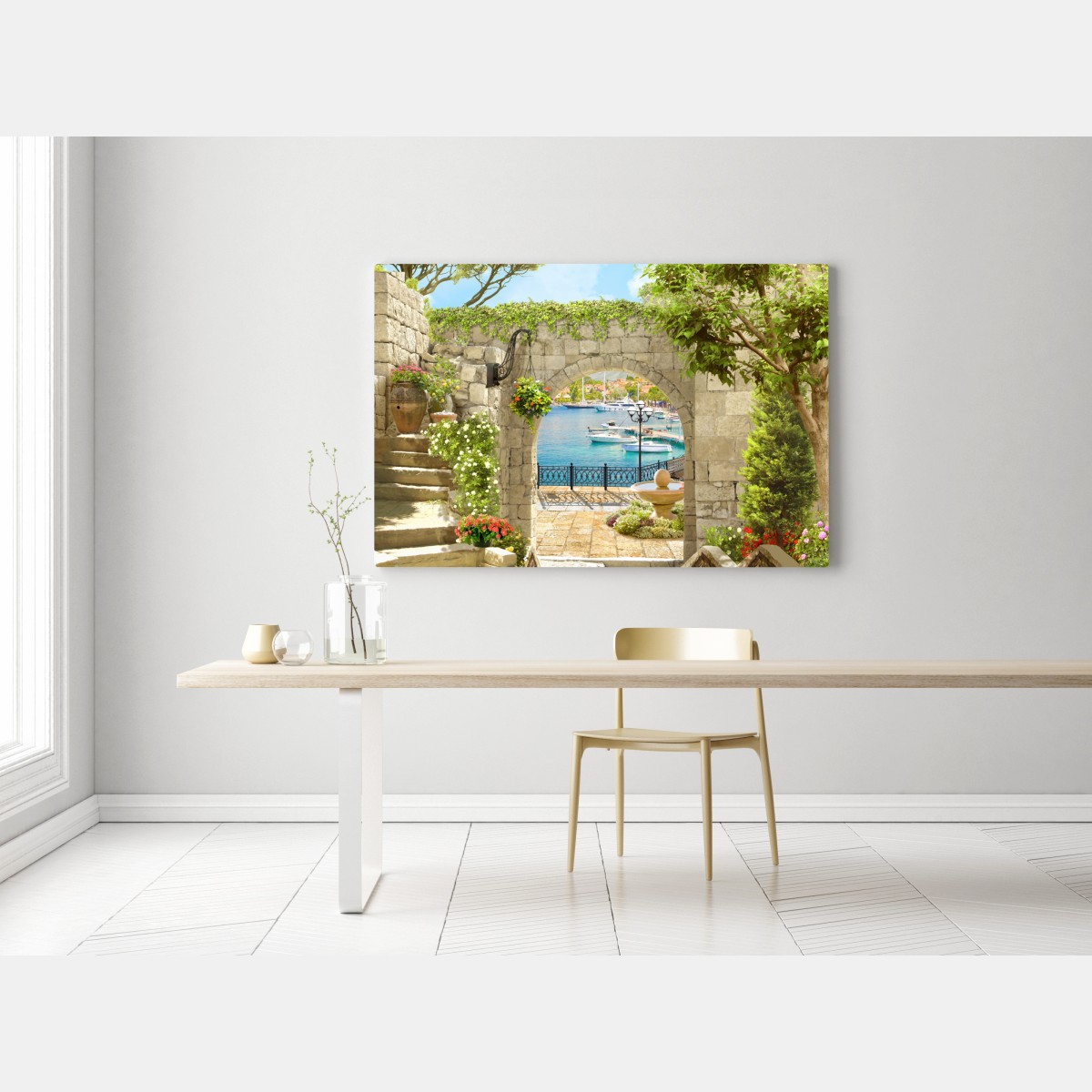 Leinwandbild mediterraner blick durch eine arkade – Wallnifity® Leinwandbild mediterraner blick durch eine arkade – Wallnifity®