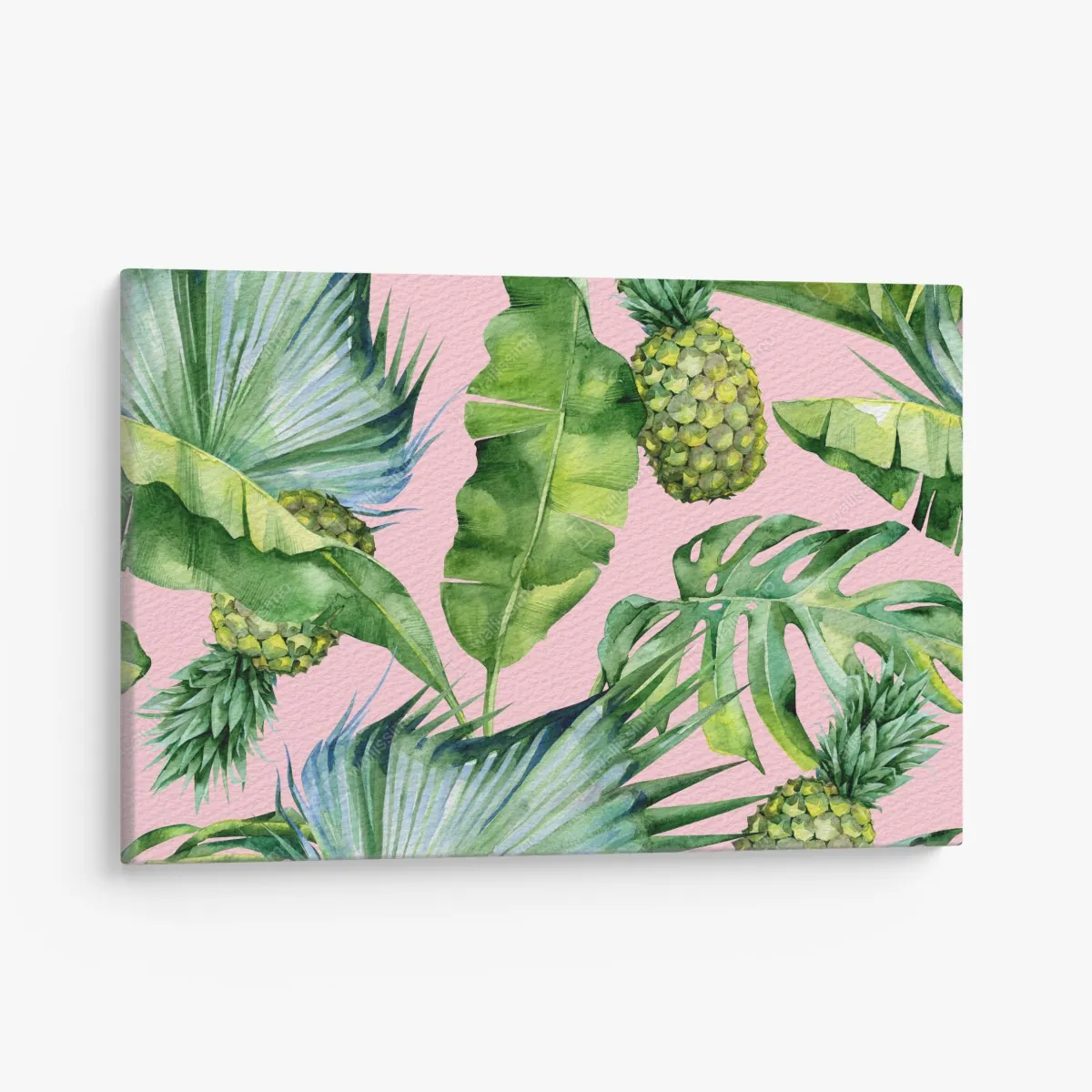 Leinwandbild tropisches ananas- und blattmuster in aquarell auf rosa hintergrund – Wallnifity® Leinwandbild tropisches ananas- und blattmuster in aquarell auf rosa hintergrund – Wallnifity®