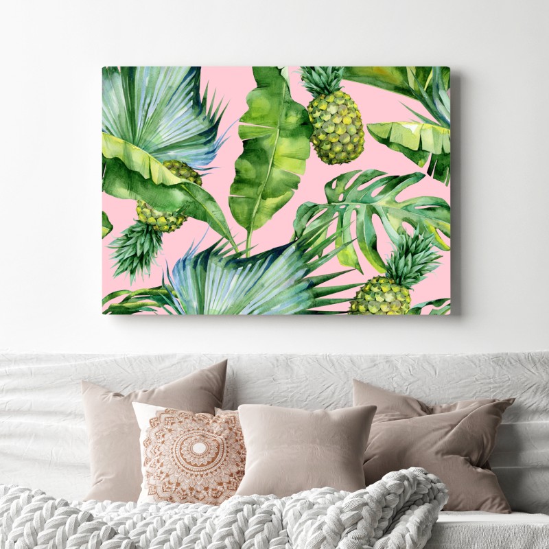 Leinwandbild tropisches ananas- und blattmuster in aquarell auf rosa hintergrund – Wallnifity® Leinwandbild tropisches ananas- und blattmuster in aquarell auf rosa hintergrund – Wallnifity®