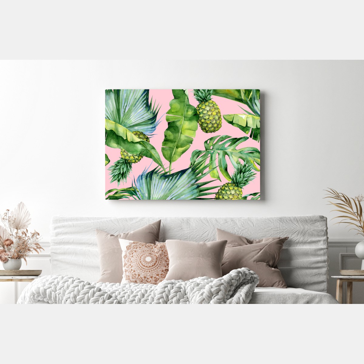 Leinwandbild tropisches ananas- und blattmuster in aquarell auf rosa hintergrund – Wallnifity® Leinwandbild tropisches ananas- und blattmuster in aquarell auf rosa hintergrund – Wallnifity®