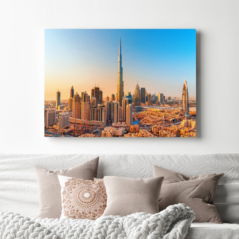 Leinwandbild Dubai skyline in der goldenen stunde – Wallnifity® Leinwandbild Dubai skyline in der goldenen stunde – Wallnifity®