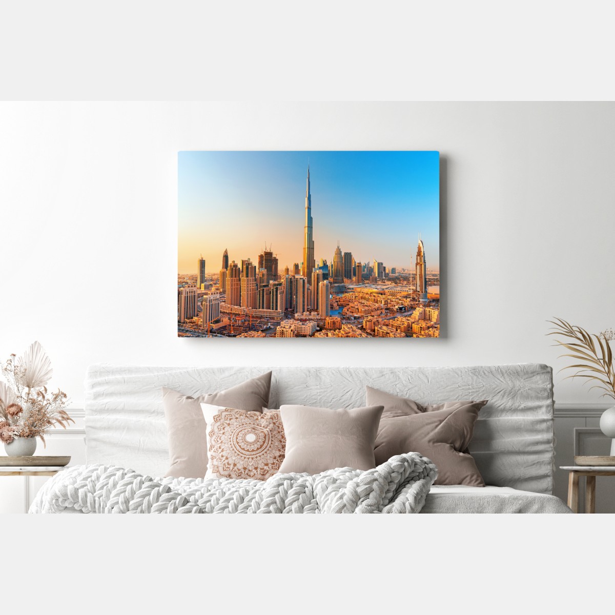 Leinwandbild Dubai skyline in der goldenen stunde – Wallnifity® Leinwandbild Dubai skyline in der goldenen stunde – Wallnifity®