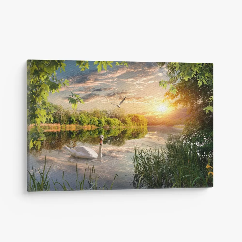 Leinwandbild sonnenuntergang mit schwan auf stillem see – Wallnifity® Leinwandbild sonnenuntergang mit schwan auf stillem see – Wallnifity®