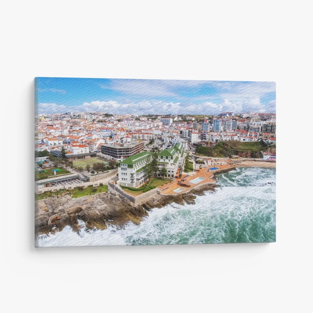 Leinwandbild luftaufnahme einer küstenstadt mit tosenden wellen – Wallnifity® Leinwandbild luftaufnahme einer küstenstadt mit tosenden wellen – Wallnifity®