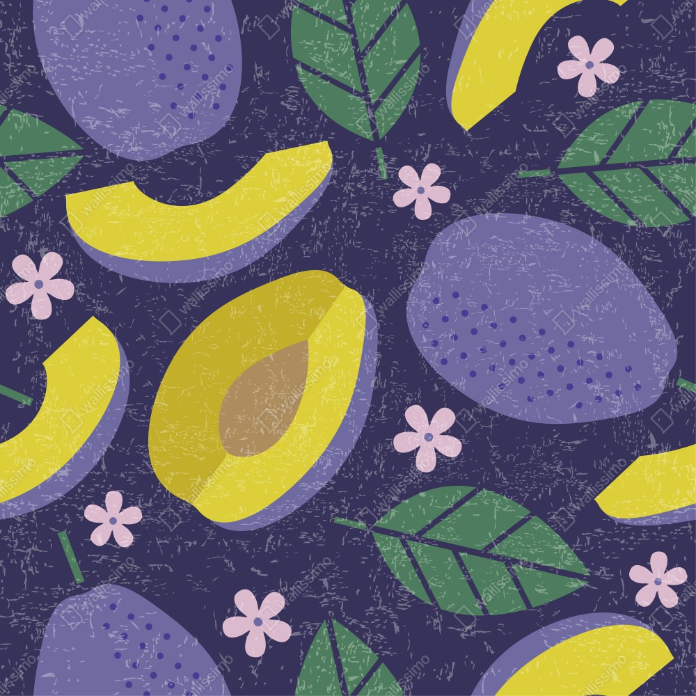 Leinwandbild verspieltes pflaumenmuster mit blättern – Wallnifity® Leinwandbild verspieltes pflaumenmuster mit blättern – Wallnifity®