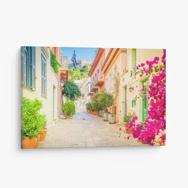 Leinwandbild sonnige gasse auf der insel mit leuchtender buganvillea – Wallnifity®
