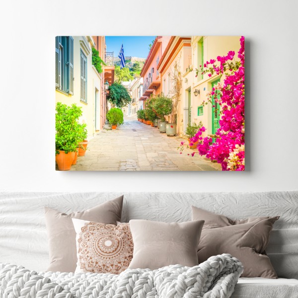 Leinwandbild sonnige griechische gasse mit bougainvillea – Wallnifity® Leinwandbild sonnige griechische gasse mit bougainvillea – Wallnifity®
