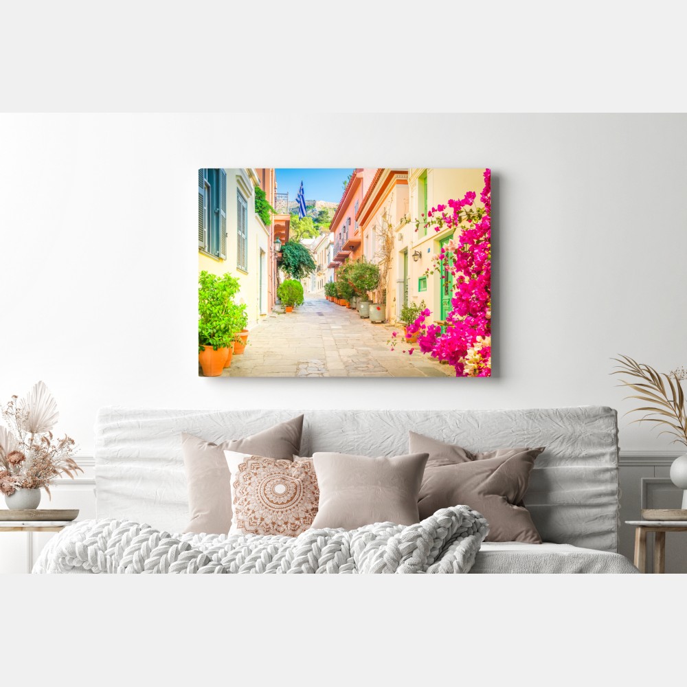 Leinwandbild sonnige griechische gasse mit bougainvillea – Wallnifity® Leinwandbild sonnige griechische gasse mit bougainvillea – Wallnifity®