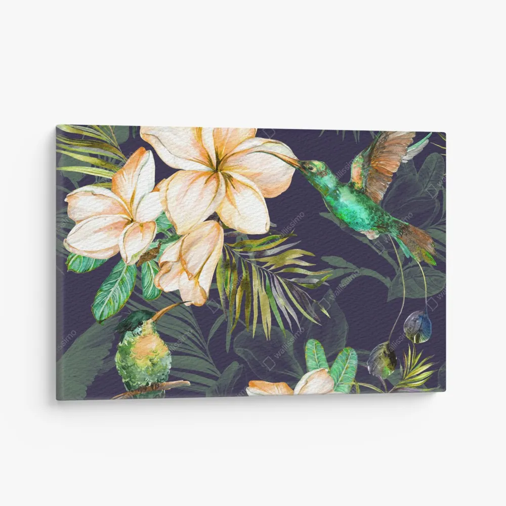 Leinwandbild tropische kolibris und plumeria in aquarell – Wallnifity® Leinwandbild tropische kolibris und plumeria in aquarell – Wallnifity®
