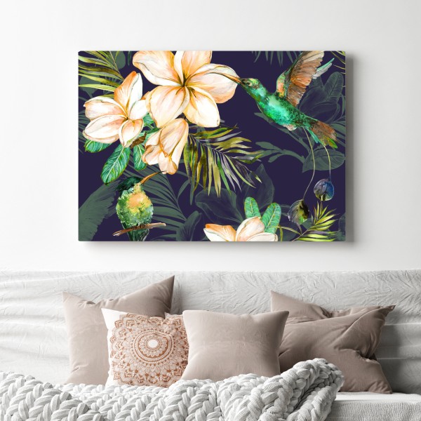 Leinwandbild tropische kolibris und plumeria in aquarell – Wallnifity® Leinwandbild tropische kolibris und plumeria in aquarell – Wallnifity®