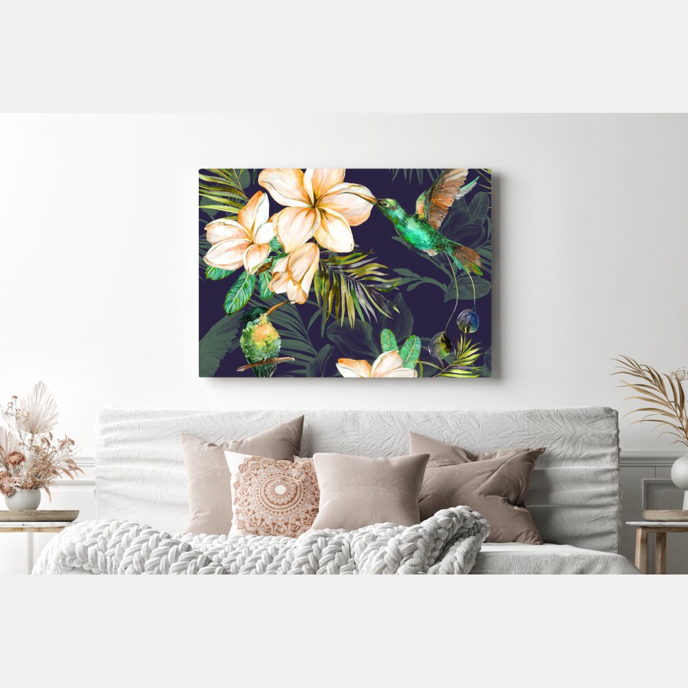 Leinwandbild tropische kolibris und plumeria in aquarell – Wallnifity® Leinwandbild tropische kolibris und plumeria in aquarell – Wallnifity®