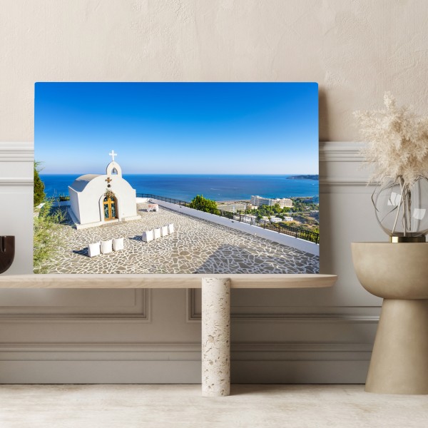 Leinwandbild weiße kapelle mit meerblick in Faliraki – Wallnifity® Leinwandbild weiße kapelle mit meerblick in Faliraki – Wallnifity®