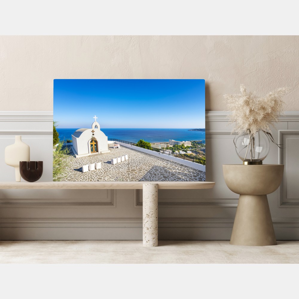 Leinwandbild weiße kapelle mit meerblick in Faliraki – Wallnifity® Leinwandbild weiße kapelle mit meerblick in Faliraki – Wallnifity®