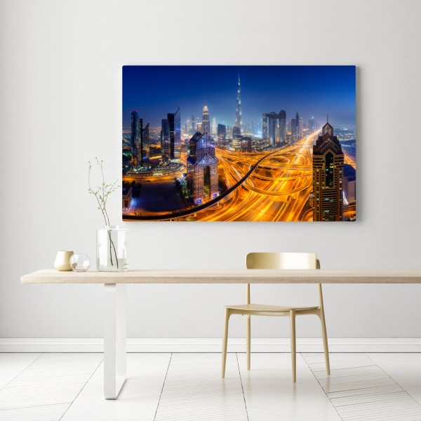 Leinwandbild panorama der nächtlichen skyline von Dubai – Wallnifity® Leinwandbild panorama der nächtlichen skyline von Dubai – Wallnifity®