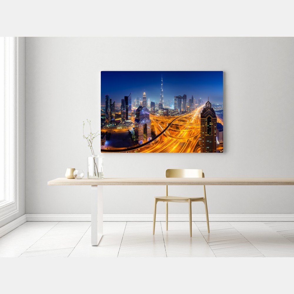 Leinwandbild panorama der nächtlichen skyline von Dubai – Wallnifity® Leinwandbild panorama der nächtlichen skyline von Dubai – Wallnifity®