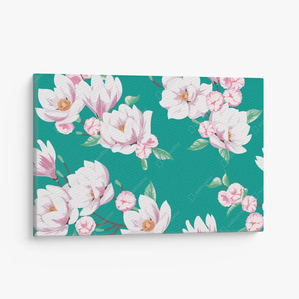 Leinwandbild pastell magnolienmuster auf türkisfarbenem hintergrund – Wallnifity® Leinwandbild pastell magnolienmuster auf türkisfarbenem hintergrund – Wallnifity®