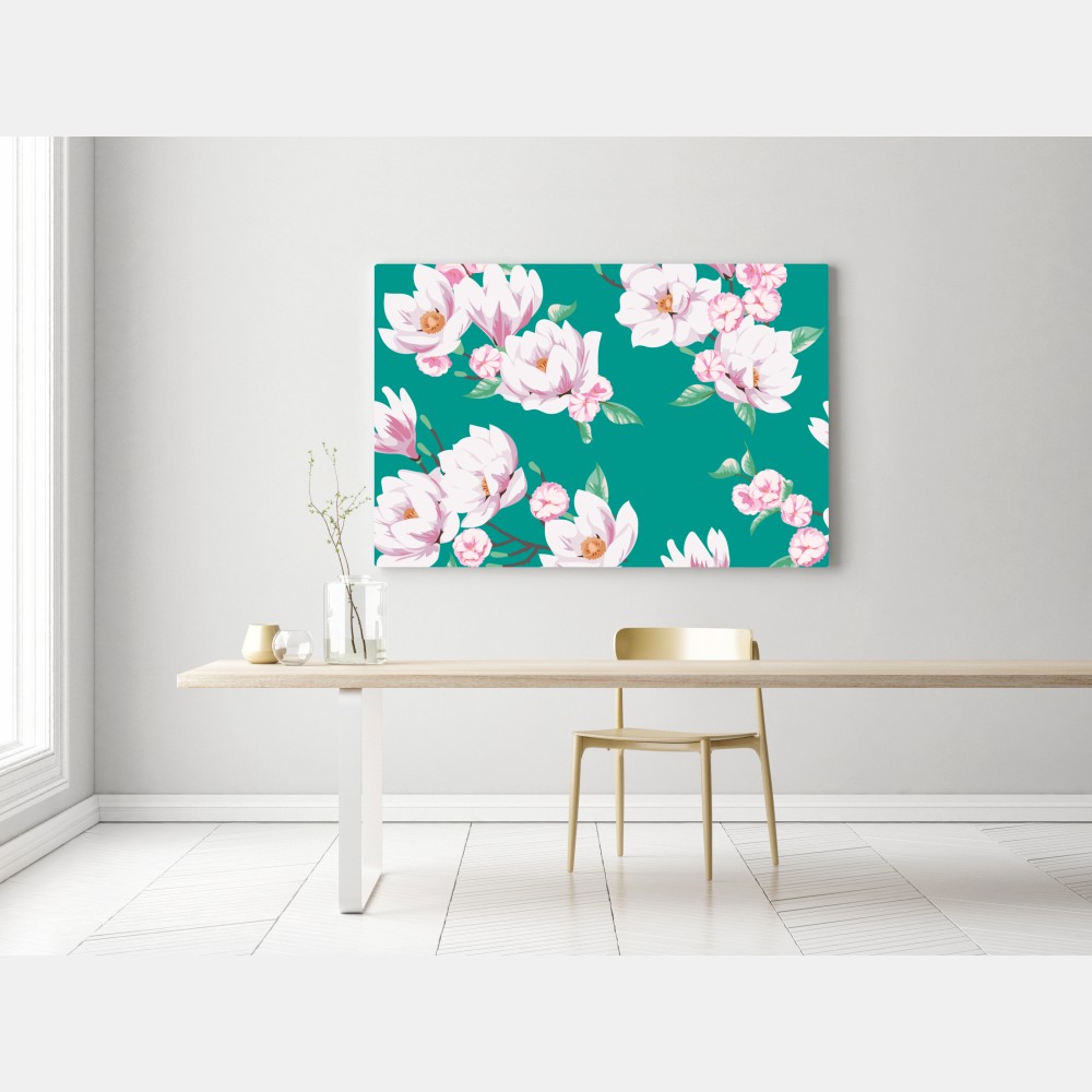 Leinwandbild pastell magnolienmuster auf türkisfarbenem hintergrund – Wallnifity® Leinwandbild pastell magnolienmuster auf türkisfarbenem hintergrund – Wallnifity®