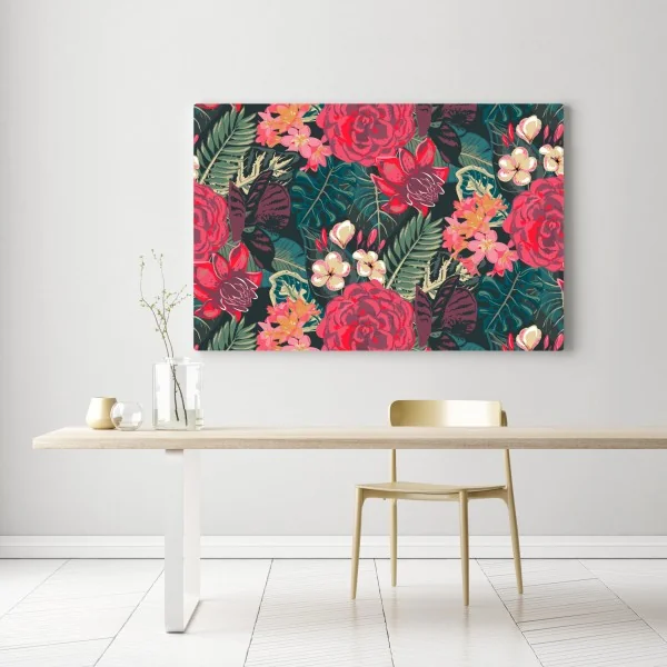 Leinwandbild tropisches blumenmuster in rosa und türkis – Wallnifity® Leinwandbild tropisches blumenmuster in rosa und türkis – Wallnifity®