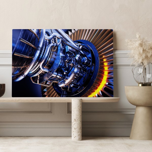 Leinwandbild nahaufnahme einer turbinenanlage in blau und orange – Wallnifity® Leinwandbild nahaufnahme einer turbinenanlage in blau und orange – Wallnifity®