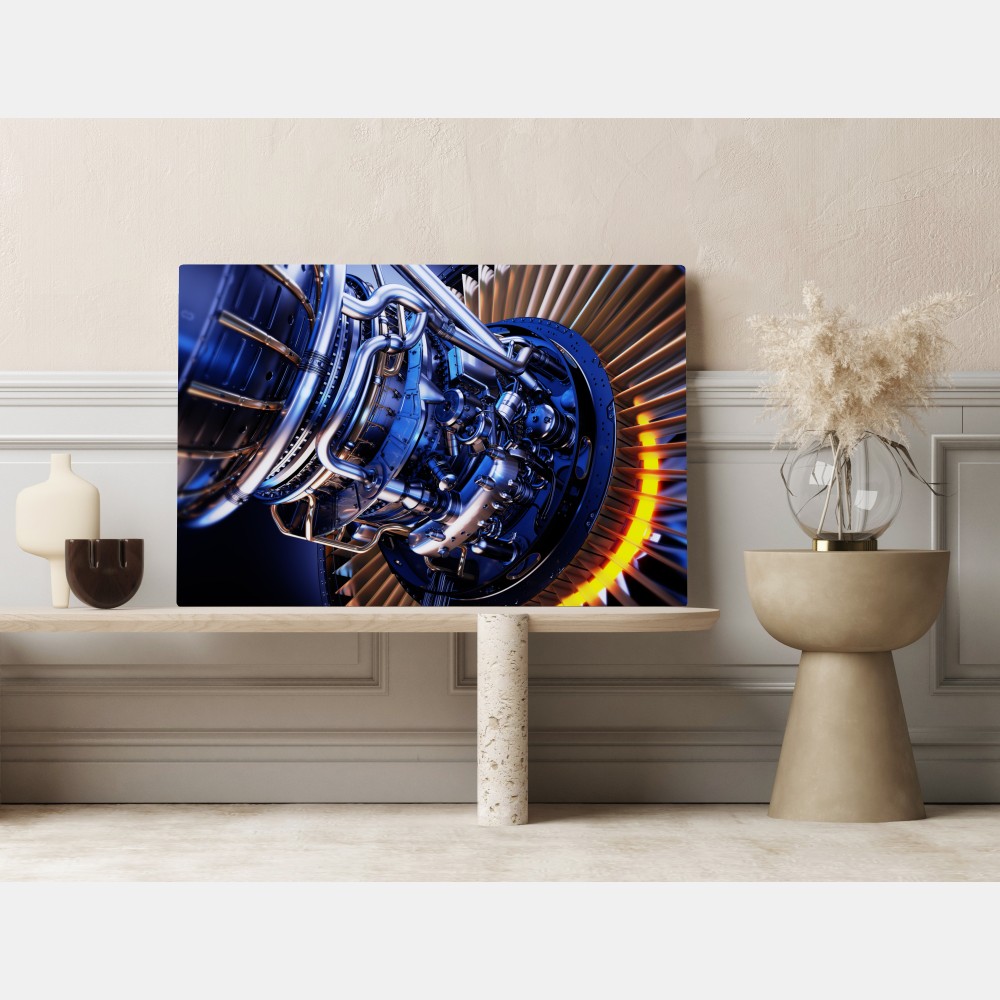 Leinwandbild nahaufnahme einer turbinenanlage in blau und orange – Wallnifity® Leinwandbild nahaufnahme einer turbinenanlage in blau und orange – Wallnifity®