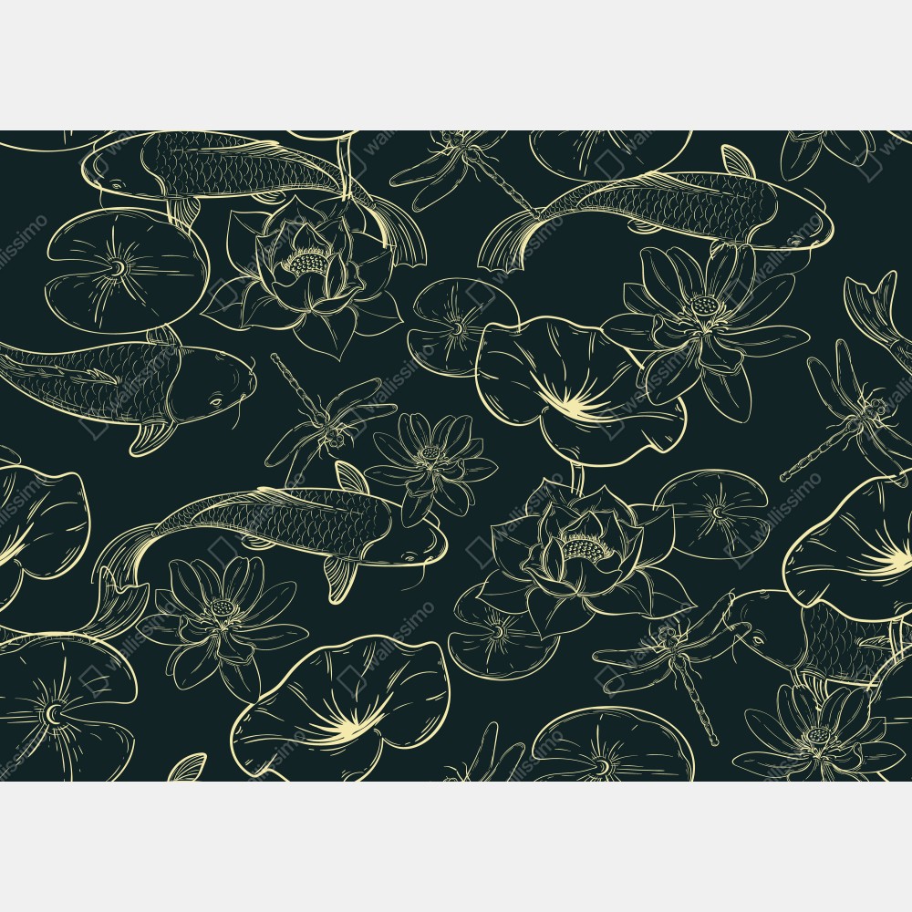 Leinwandbild handgezeichnetes koi- und lotusmuster – Wallnifity®