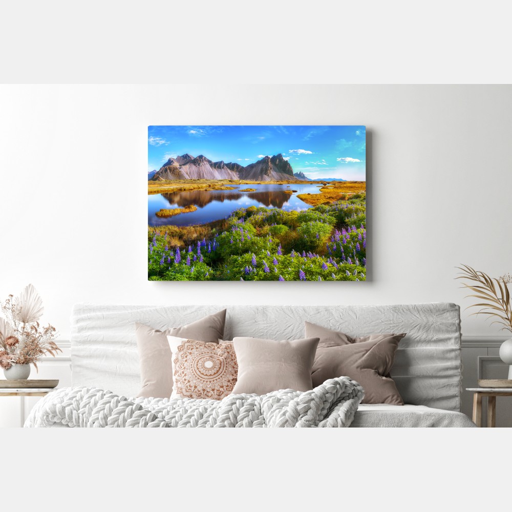 Leinwandbild lebendige lupinenwiesen bei Vestrahorn, Island – Wallnifity® Leinwandbild lebendige lupinenwiesen bei Vestrahorn, Island – Wallnifity®