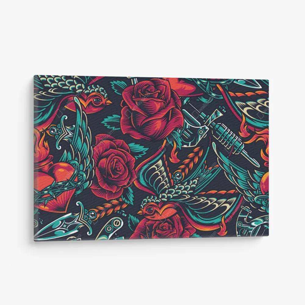 Leinwandbild kräftiges tätowierungsmuster mit rosen – Wallnifity® Leinwandbild kräftiges tätowierungsmuster mit rosen – Wallnifity®