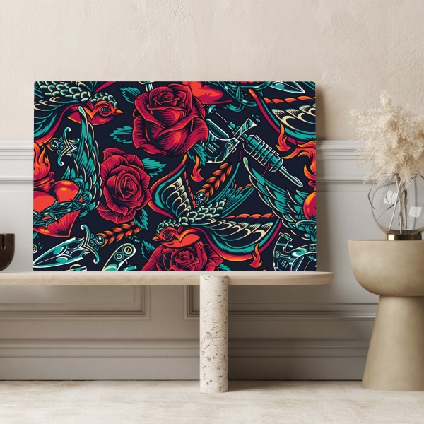 Leinwandbild kräftiges tätowierungsmuster mit rosen – Wallnifity® Leinwandbild kräftiges tätowierungsmuster mit rosen – Wallnifity®