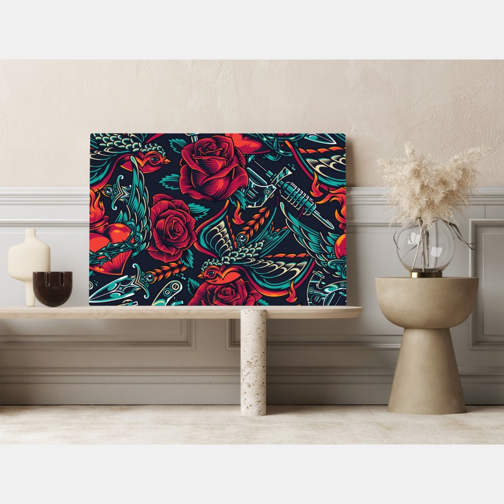 Leinwandbild kräftiges tätowierungsmuster mit rosen – Wallnifity® Leinwandbild kräftiges tätowierungsmuster mit rosen – Wallnifity®