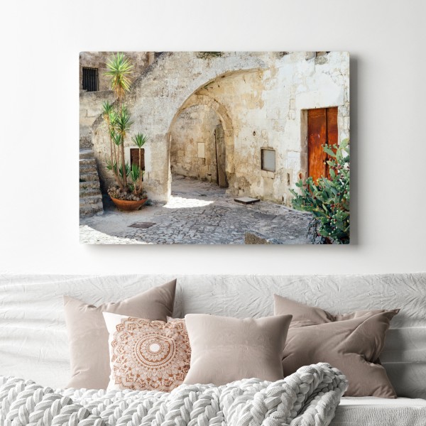 Leinwandbild mediterraner steinhof mit bogen – Wallnifity® Leinwandbild mediterraner steinhof mit bogen – Wallnifity®