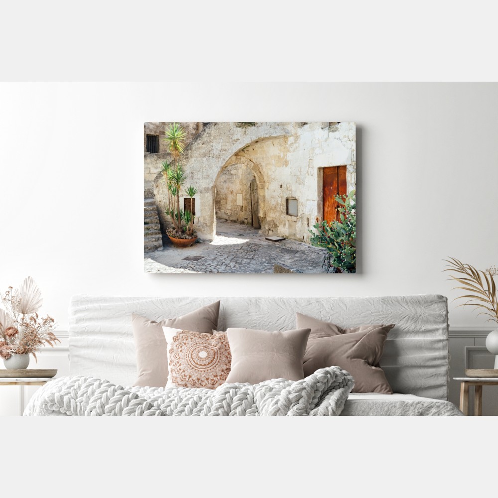 Leinwandbild mediterraner steinhof mit bogen – Wallnifity® Leinwandbild mediterraner steinhof mit bogen – Wallnifity®