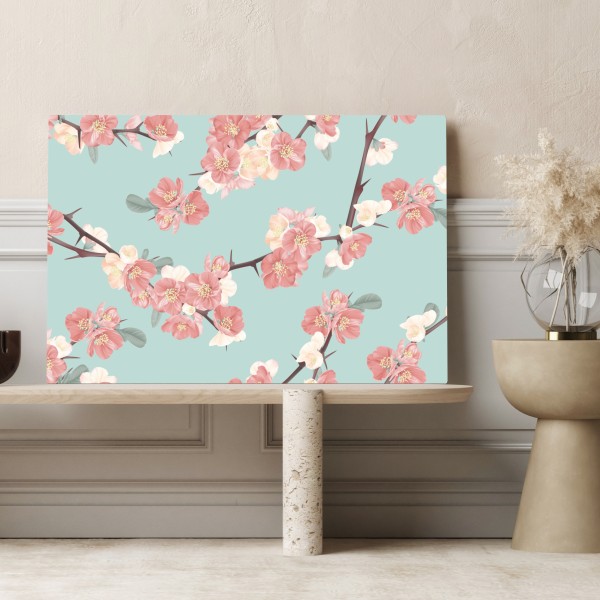 Leinwandbild pastelliges kirschblütenmuster auf mintfarbenem hintergrund – Wallnifity®