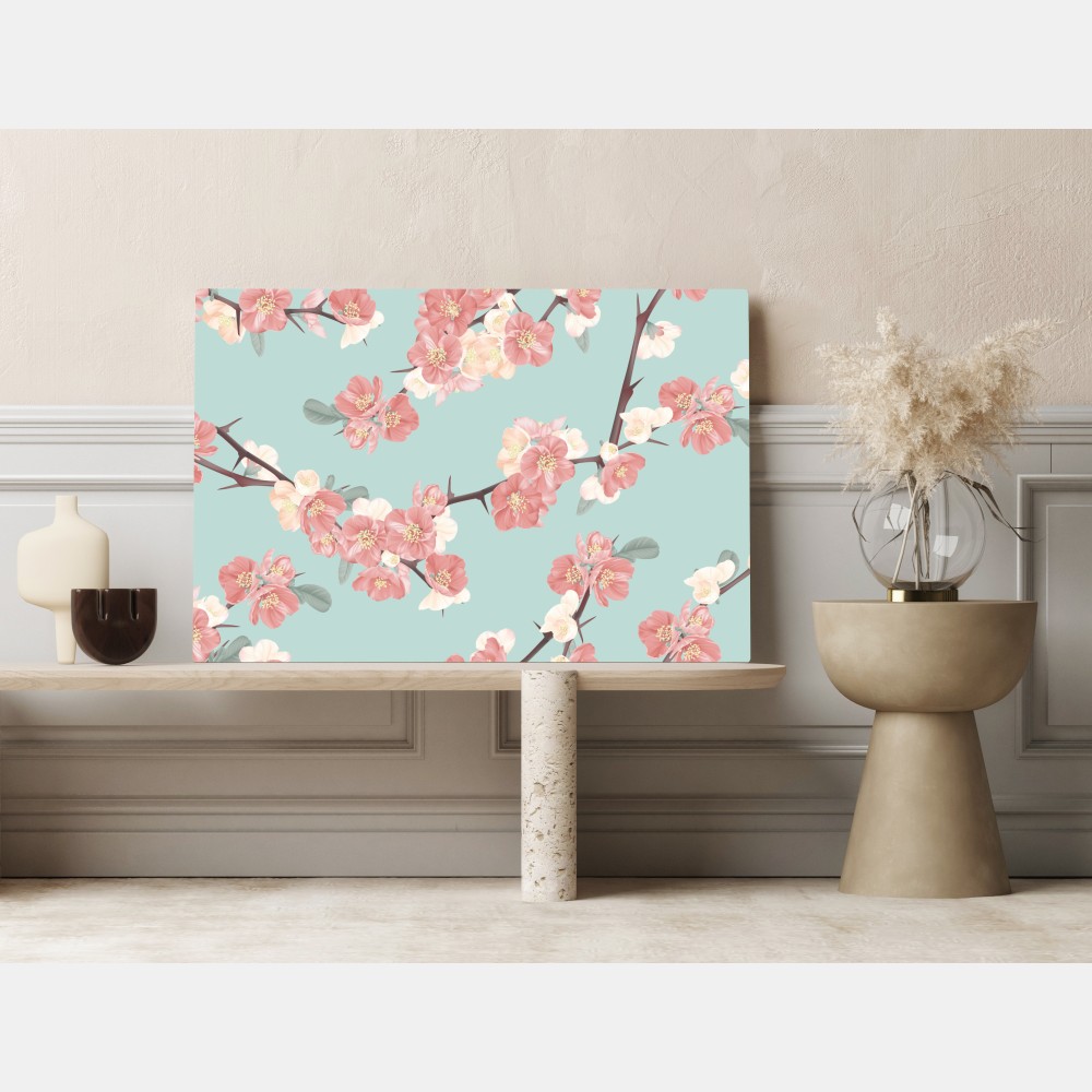 Leinwandbild pastelliges kirschblütenmuster auf mintfarbenem hintergrund – Wallnifity®