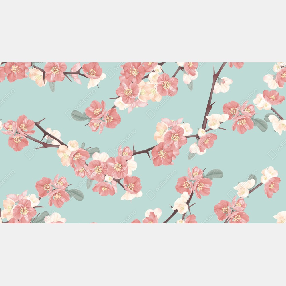 Leinwandbild pastelliges kirschblütenmuster auf mintfarbenem hintergrund – Wallnifity®