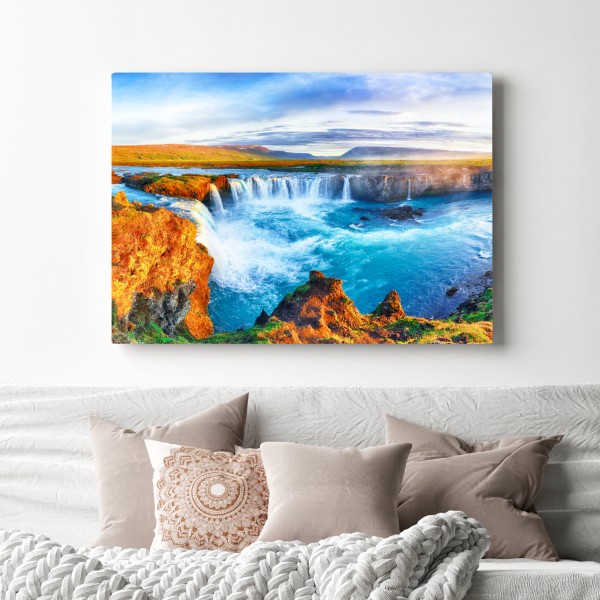 Leinwandbild panorama des wasserfalls Godafoss bei sonnenaufgang – Wallnifity® Leinwandbild panorama des wasserfalls Godafoss bei sonnenaufgang – Wallnifity®