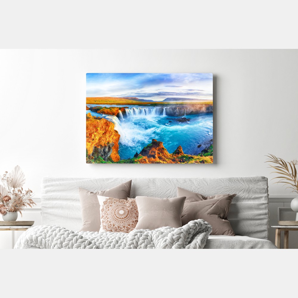 Leinwandbild panorama des wasserfalls Godafoss bei sonnenaufgang – Wallnifity® Leinwandbild panorama des wasserfalls Godafoss bei sonnenaufgang – Wallnifity®