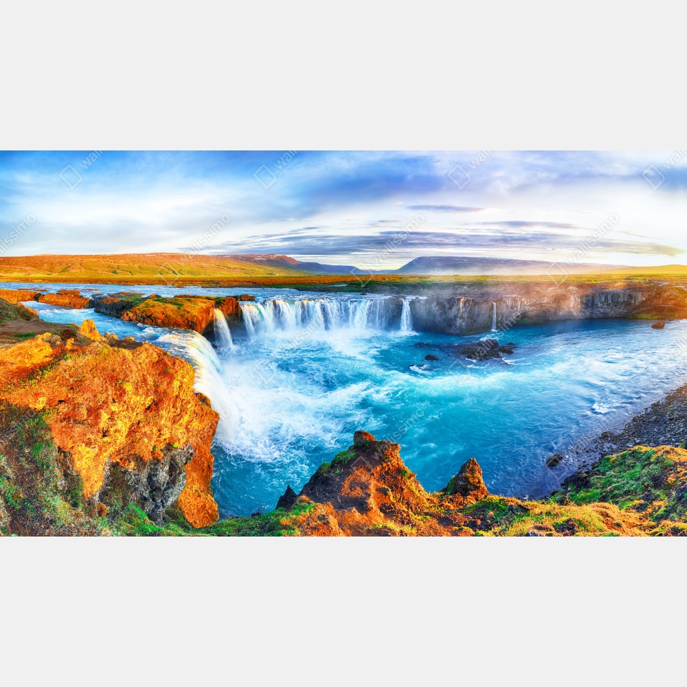 Leinwandbild panorama des wasserfalls Godafoss bei sonnenaufgang – Wallnifity® Leinwandbild panorama des wasserfalls Godafoss bei sonnenaufgang – Wallnifity®