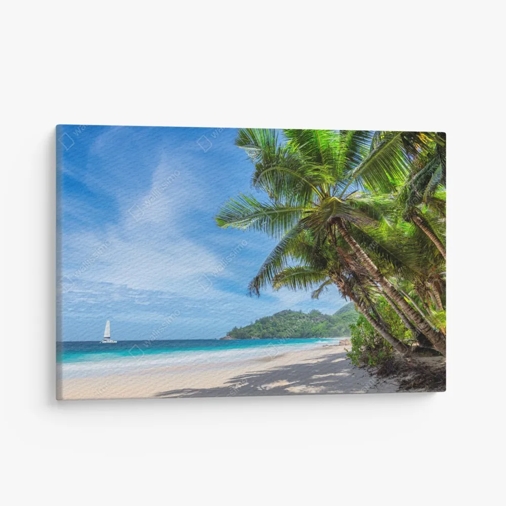 Leinwandbild tropischer strand mit palmen und segelboot – Wallnifity® Leinwandbild tropischer strand mit palmen und segelboot – Wallnifity®