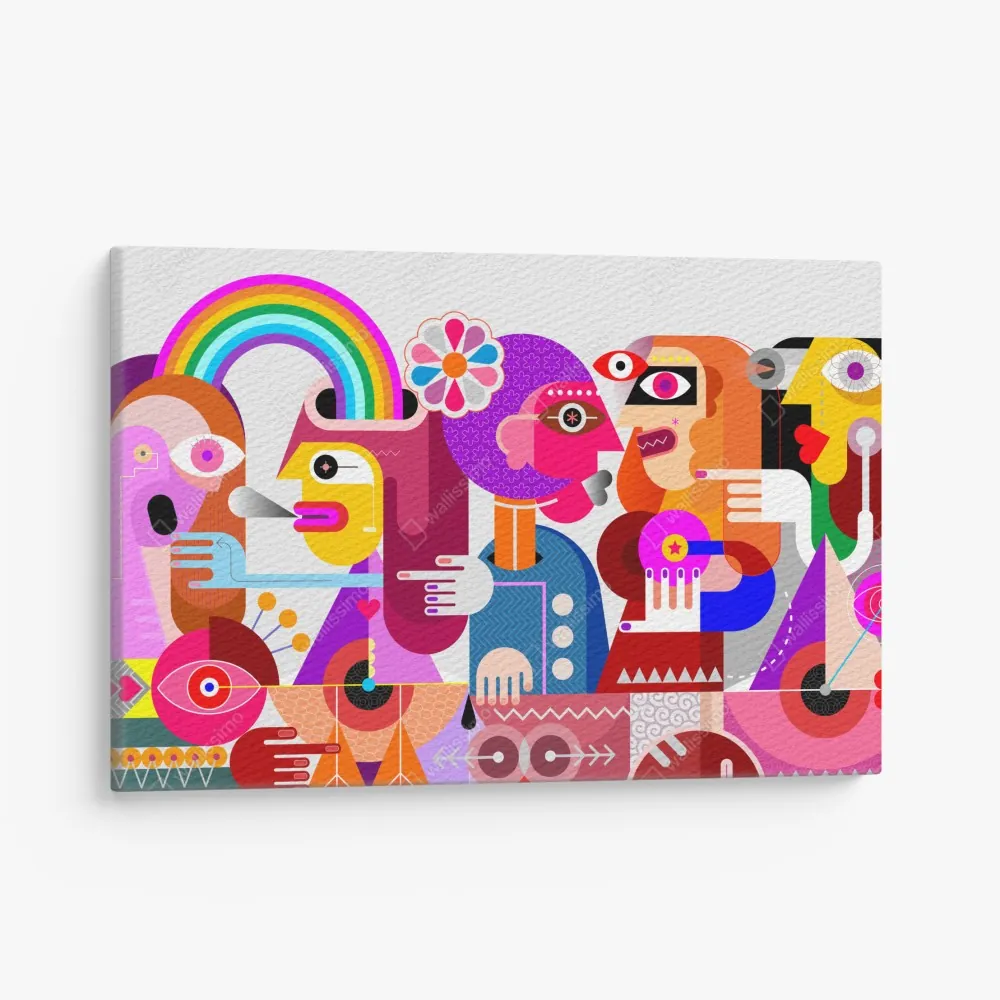 Leinwandbild mann mit regenbogen reitet geometrischen vogel – Wallnifity® Leinwandbild mann mit regenbogen reitet geometrischen vogel – Wallnifity®