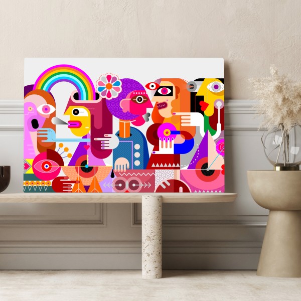 Leinwandbild mann mit regenbogen reitet geometrischen vogel – Wallnifity® Leinwandbild mann mit regenbogen reitet geometrischen vogel – Wallnifity®